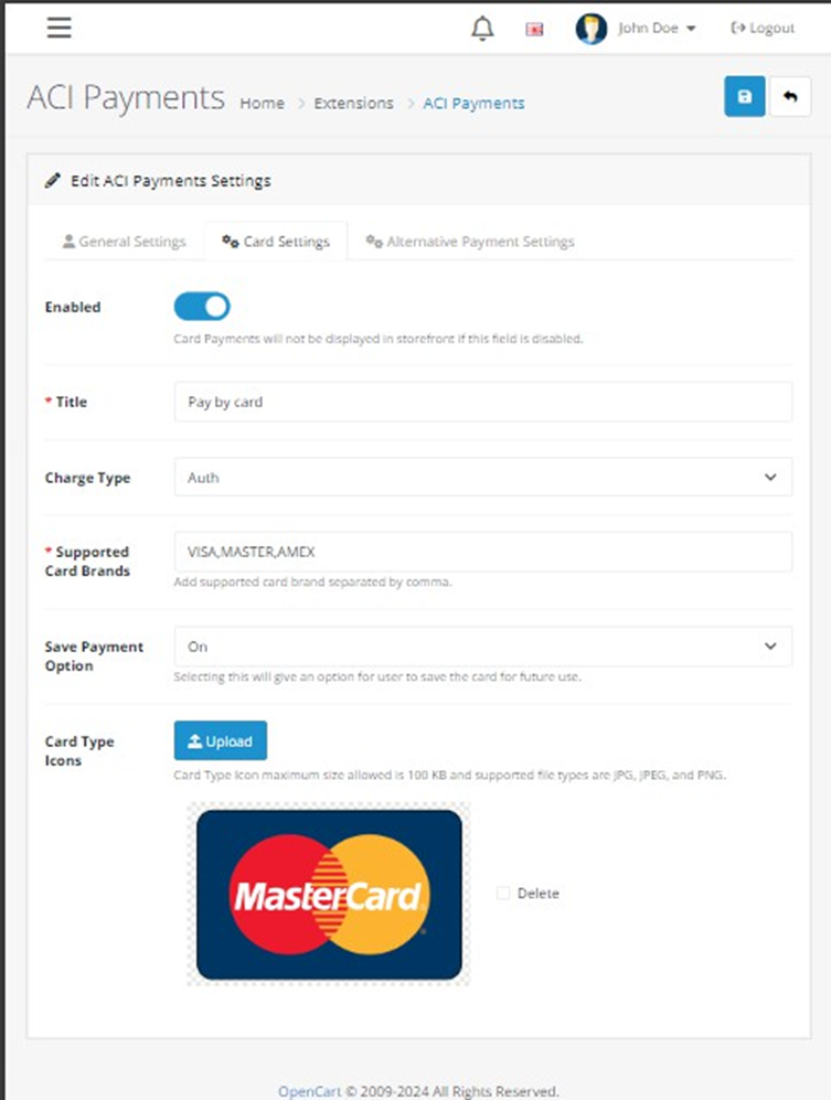 OpenCart: Card Settings